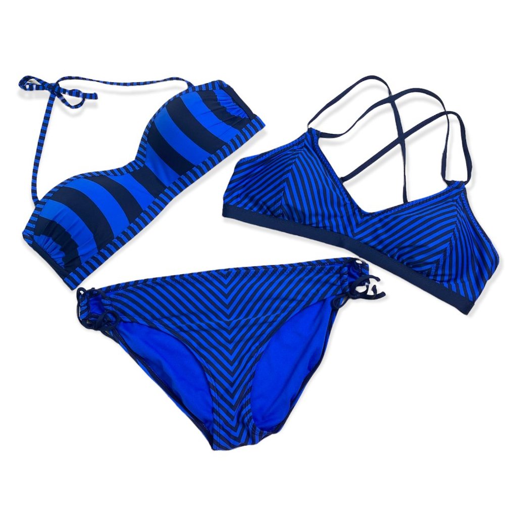 Athleta blue striped bikini swimsuit bundle/set (L tops, XL bottom)